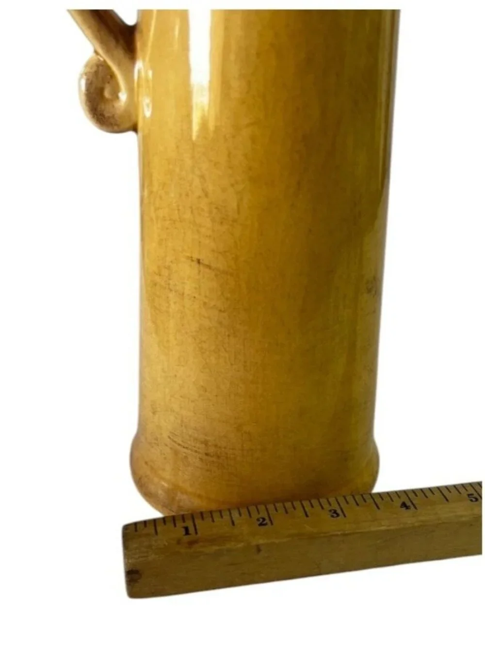 Pier 1 Imports rustic olive oil cruet, yellow with antiquing, ceramic earthenwar